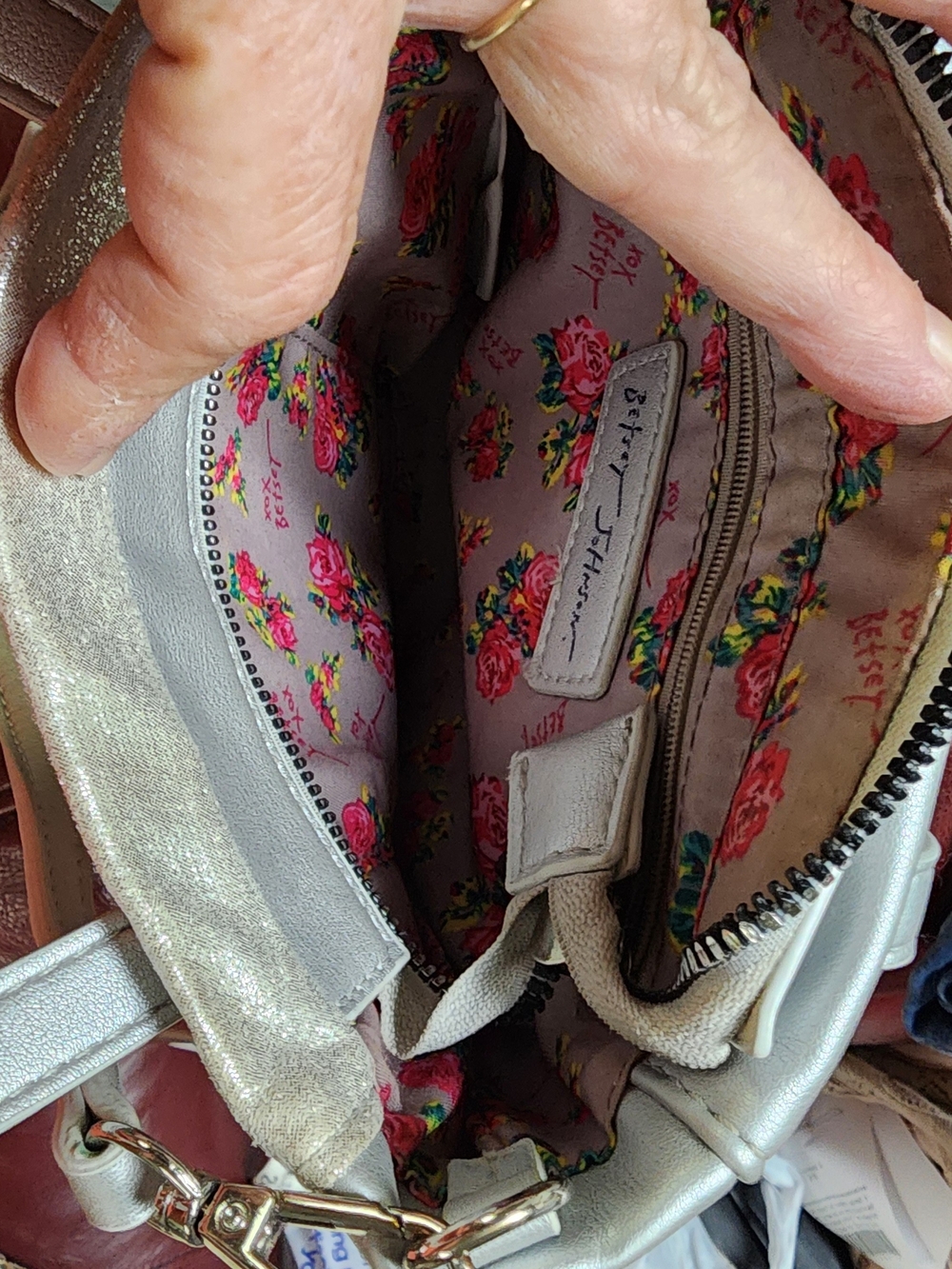 Betsey Johnson Silver Crossbody with Floral Lining